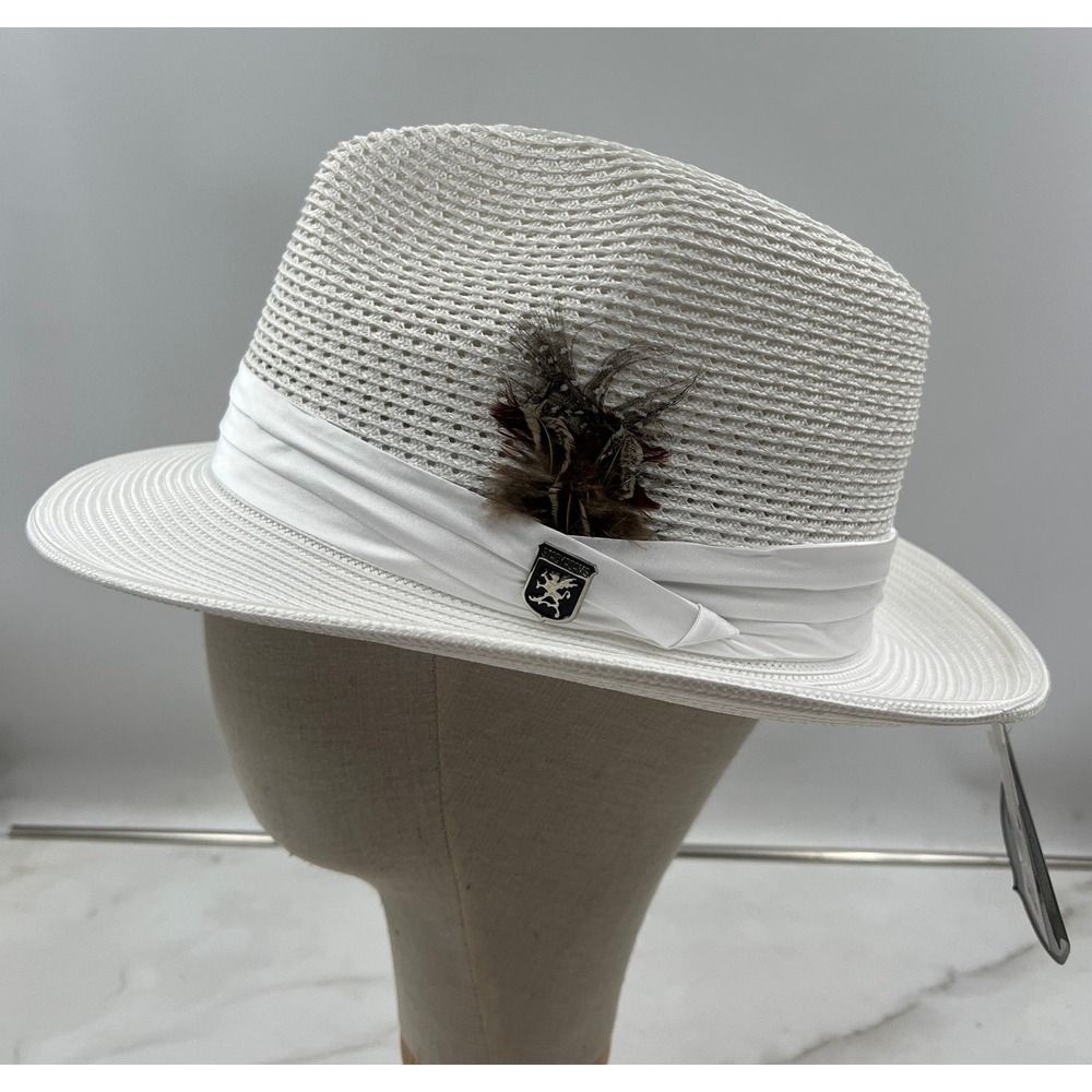 Stacy Adams Fedora Hat Men's Large White Polybraid Feather Crest Pin NWT
